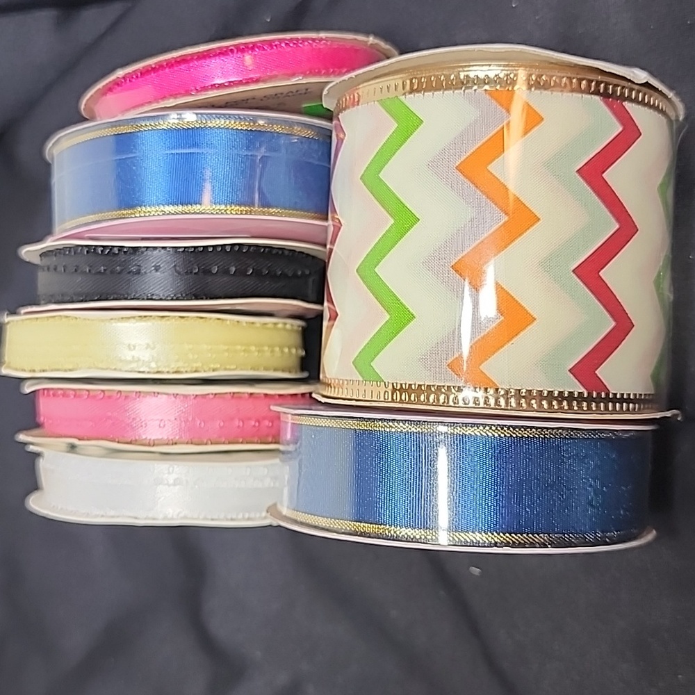 Vintage Colorful Ribbon Set with Chevron Pattern Gold Trim, 8 Spools - Picture 1 of 10